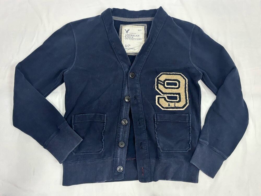 AMERICAN EAGLE Varsity AE Cardigan Sweatshirt Retro Preppy Navy Academia Size S